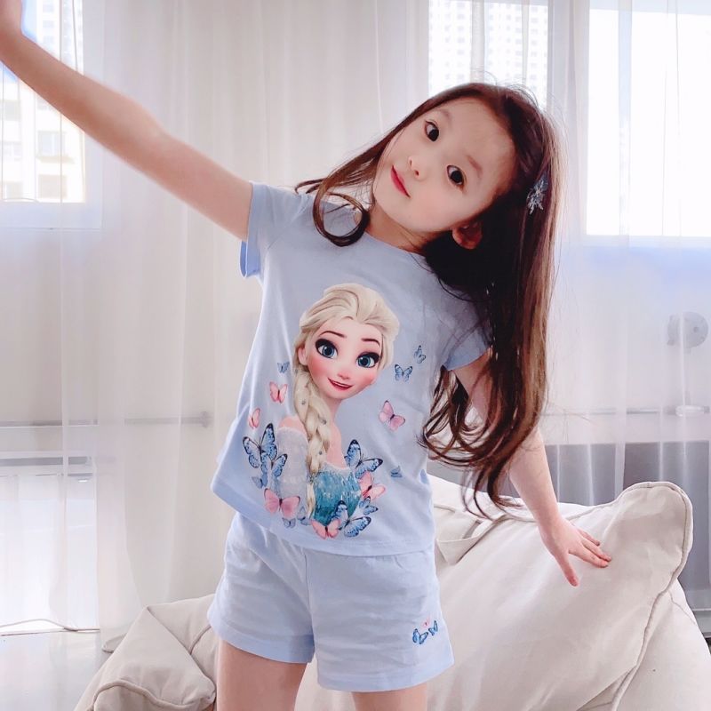 Summer girls' cotton pajamas 2022 new middle and large children's thin home clothes children's girls' Aisha short sleeve suit