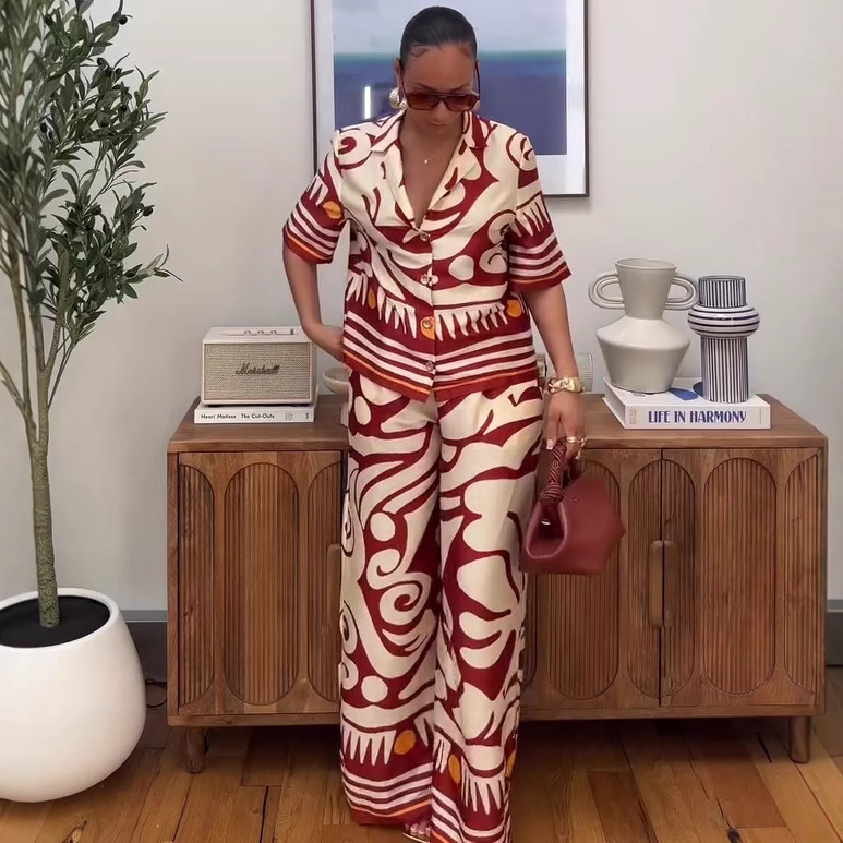 ヨーロッパとアメリカのファッションレディーススーツ襟プリントシャツハイウエストワイドレッグパンツ女性のアフリカスタイルエレガントなツーピース夏セット|undefined