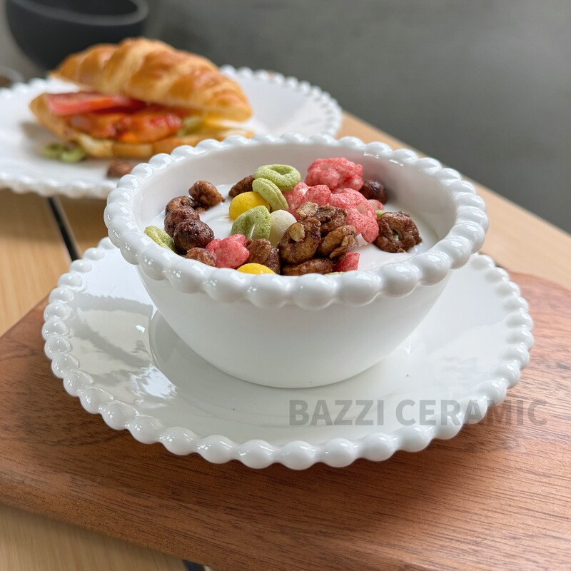 French ins Ceramic Bead Edge Series Tableware Retro Breakfast Bowl and Plate Home High-looking Cute Dessert Cake Plate
