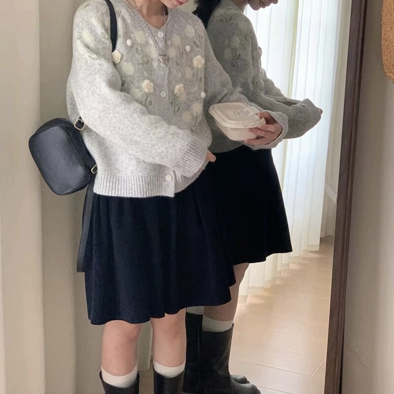 韩系立体花朵少女风针织开衫外套秋冬新款时尚百搭减龄甜美毛衣女|undefined