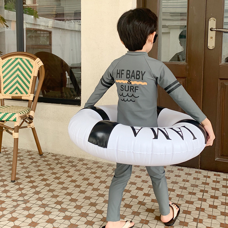 New Children's Swimsuit for Small and Medium-sized Children and Boys Korean-style Fashionable Grey Letter Diving Suit Long-sleeved Sunscreen Quick-drying Sand