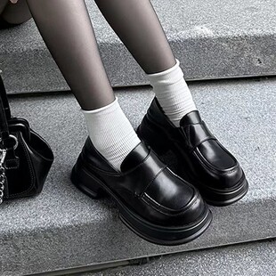 Full Cowhide Thick-soled Platform Loaf Loafers 2024 Spice Girls All-match Retro Niche Black Height-increasing Small Leather Shoes Women's Single-layer Shoes