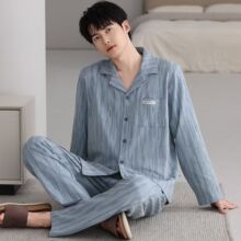 纯棉翻领睡衣男士春秋季长袖长裤大码开衫家居服休闲套装可外穿