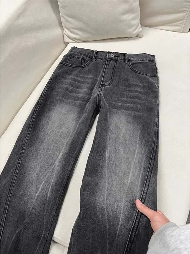Men's Straight Leg Jeans Washed Lightning Design Clean Fit_voghion.com