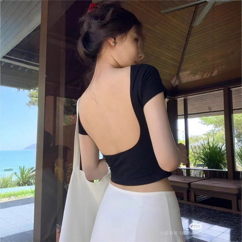 American Sexy Backless Short-sleeved T-shirt Spice Girl Top with Anti-slip Strip Slim-fit Design Sense Pure Backless Top