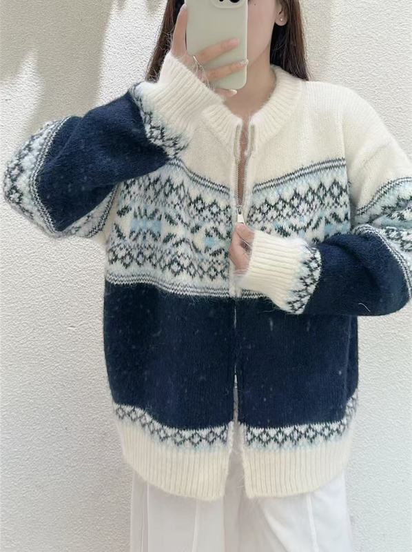 韩系费尔岛针织开衫撞色提花2025秋冬新款软糯宽松百搭毛衣外套女|undefined