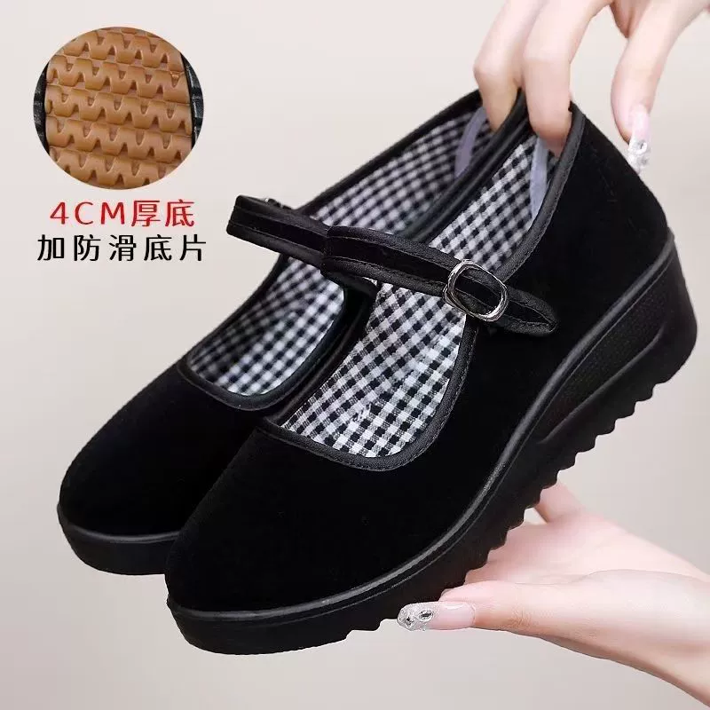 Женские рабочие туфли на толстой подошве, увеличивающие рост, туфли для мам на платформе, удобные нескользящие рабочие туфли для гостиниц, черные тканевые туфли.