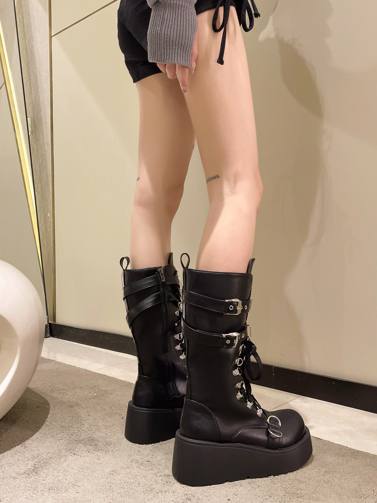 Women's Shoes rivet buckle thick heel mid tube boots women's Gothic punk style knight boots _voghion.com
