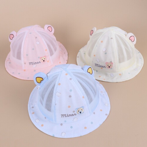 Newborn Hat Summer Mesh Breathable Bucket Hat for Boys and Girls, Baby Bear Fisherman Hat, 0-6 Months Infant Hat