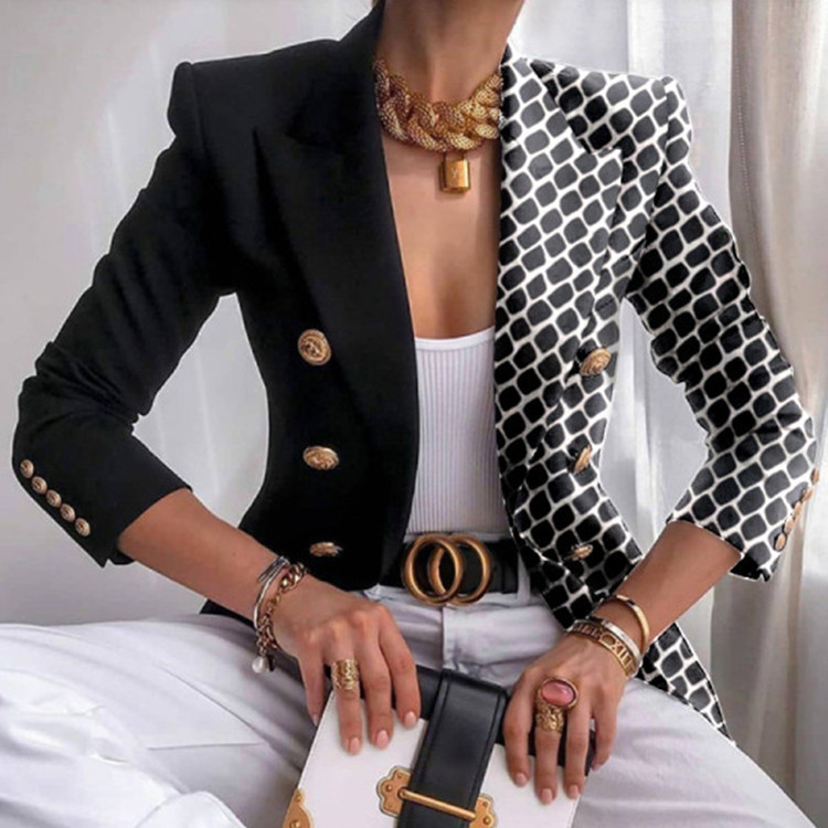 2023 European and American New Women's Coat Autumn and Winter Printed Small Suit Slim-fit Fashion Short Double-breasted Top for Women