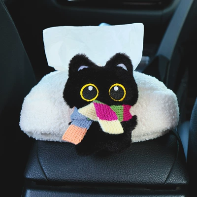 Box in the Car, Car tissue box/set - little-black-cat-with-rainbow-scarf-armrest-box-white-tissue-cover