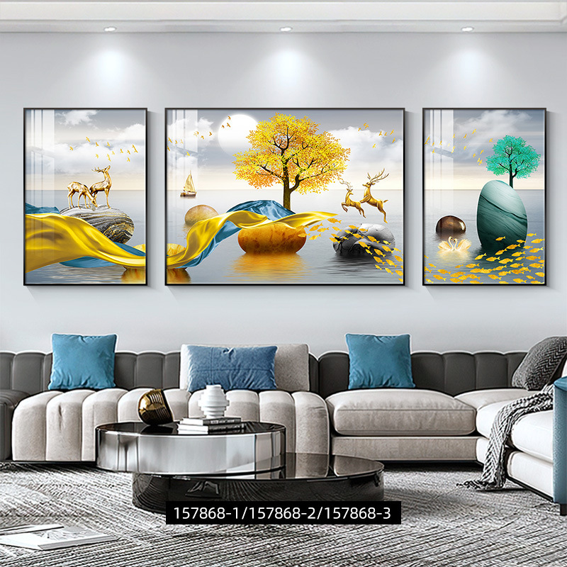 福鹿山水客厅装饰画轻奢高级感沙发背景墙抽象三联挂画高档壁画|undefined