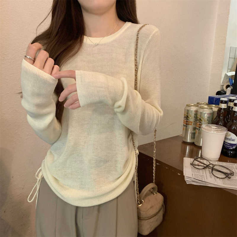 秋季2025新款气质宽松圆领抽绳百搭慵懒针织打底衫长袖上衣女毛衣|undefined