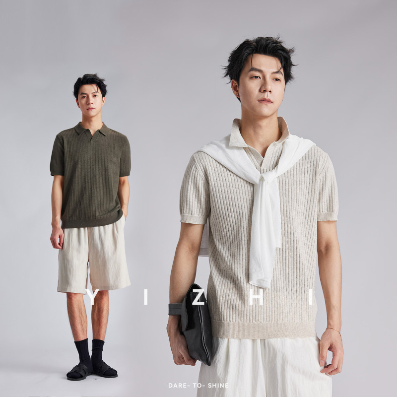 Old Money Style Knit Ribbed Polo Shirt Short Sleeve Men's Summer Solid Color Turn-Down Collar Loose Breathable Versatile T-Shirt Old Money Style Knit Ribbed Polo Shirt Short Sleeve Men's Summer Solid Color Turn-Down Collar Loose Breathable Versatile T-Shirt