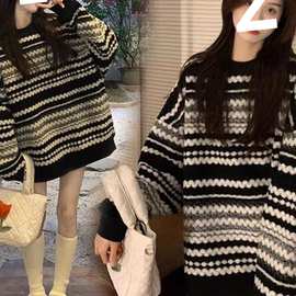 毛衣女宽松外穿慵懒风松松垮垮2025秋季圆领条纹遮肉针织毛衣跨境
