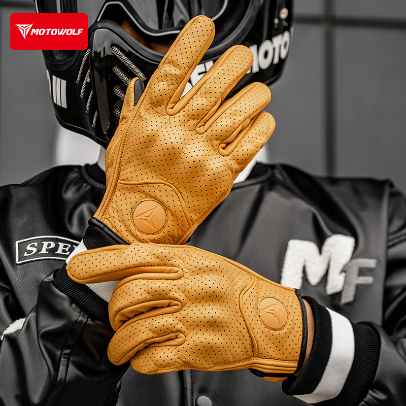 Guantes de cuero a prueba de viento de la motocicleta vintage Knight con agujeros de verano transpirable cuero guantes llenos del dedo guantes de cuero resistentes a las caídas