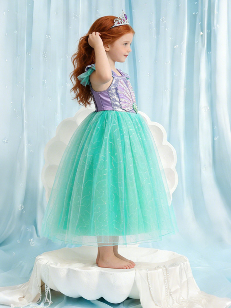 Nuevo vestido de princesa de sirena de niña con cuentas de sequilla vestido de encaje espectáculo cos服 pequeña camisa de malla de manga volante