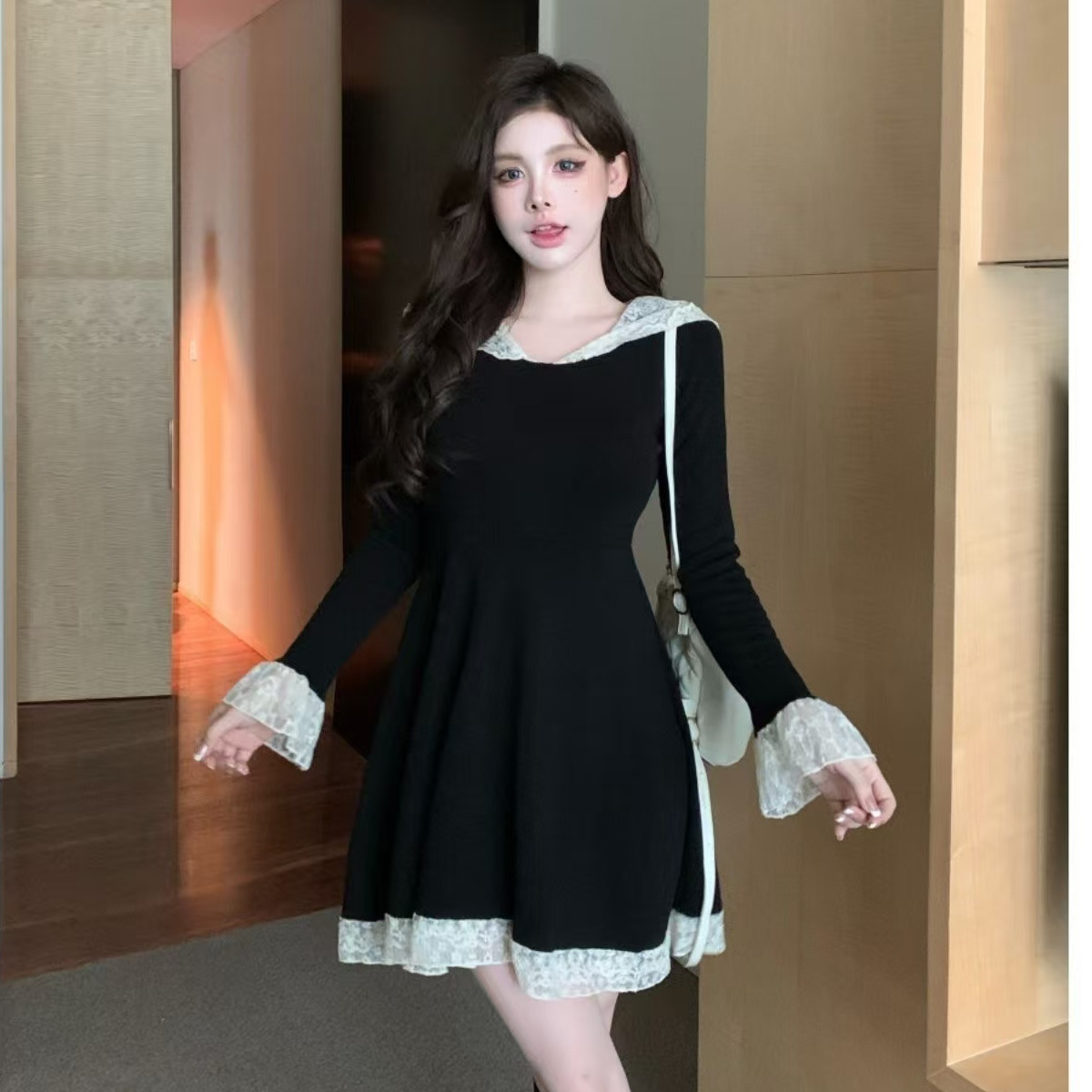 (2개) 플러스 사이즈 헵번 스타일 레이스 니트 원피스 여성 가을 패션 우아한 작은 검은 원피스 통통녀 배꼽 커버 슬리밍 스커트