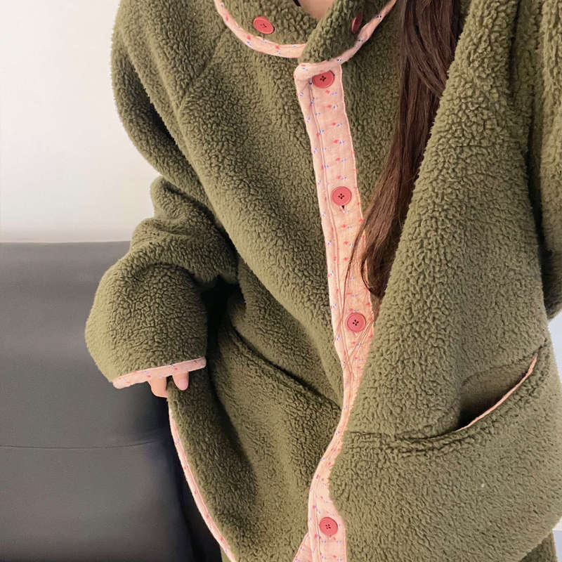 Sweet Floral Patchwork Fleece Pajamas Winter Women's 2025 New Large Size Cardigan Long Pants Loungewear Two-Piece Set