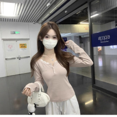 粉色拼接纯欲风蕾丝花边正肩长袖T恤女早秋新款修身上衣