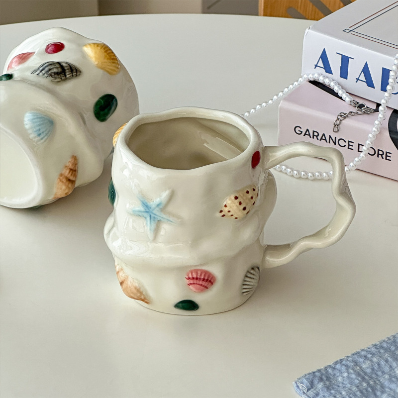 穆尼ins贝壳马克杯海洋元素水杯可爱陶瓷咖啡杯牛奶杯创意礼物杯|undefined
