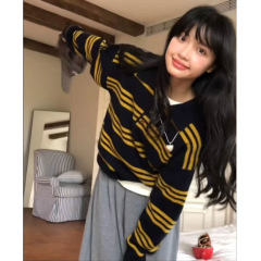 韩系2025秋冬新款polo领百搭复古条纹羊毛针织毛衣女