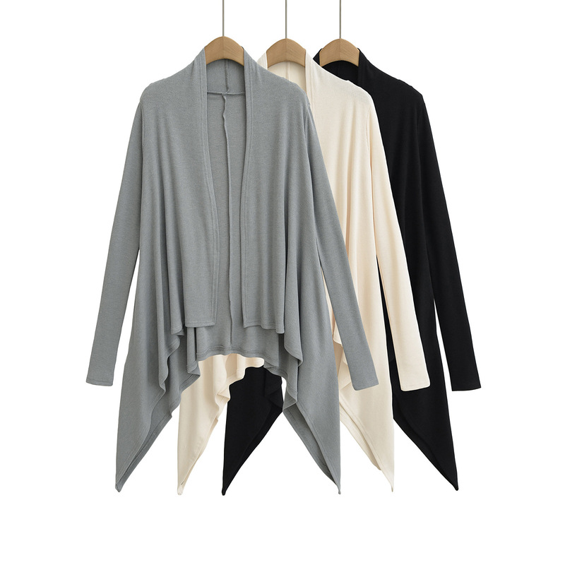 Summer Irregular Hem Shawl Collar Long-Sleeved Cardigan for Women with Paper Man Slimming Look Elegant Lazy Style Sun Protection Jacket