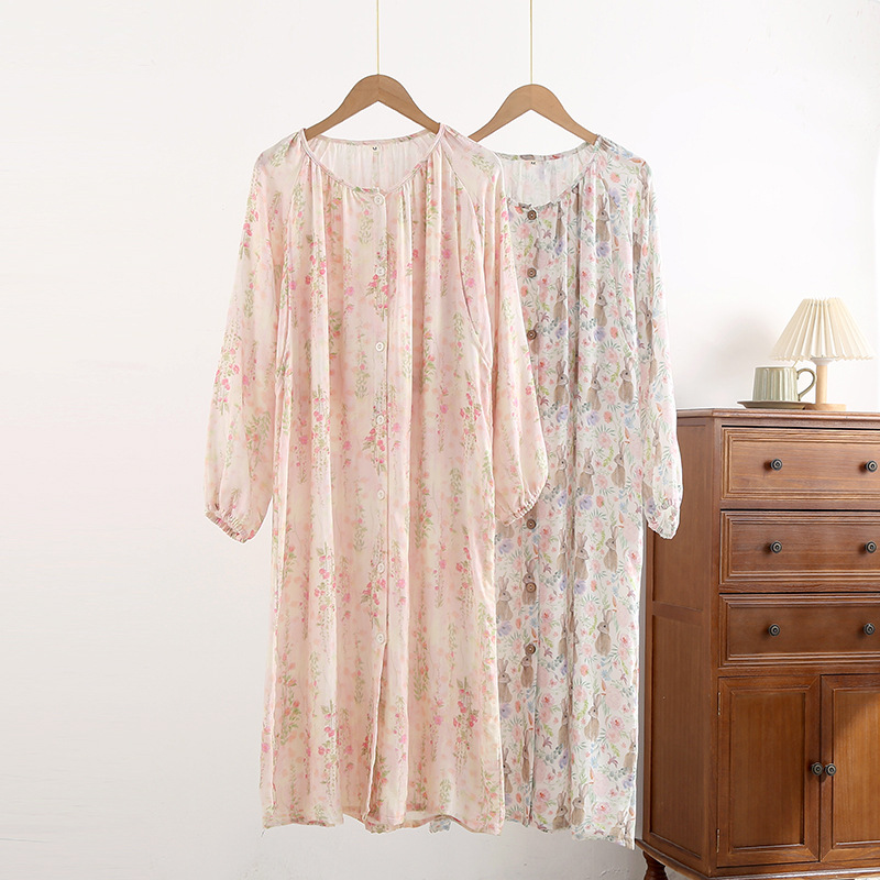 Bamboo Fiber Nursing Nightgown Mid-length Pregnant Women Pajamas Moon Clothing Spring and Autumn Bamboo Cotton Postpartum Feeding Home Clothing