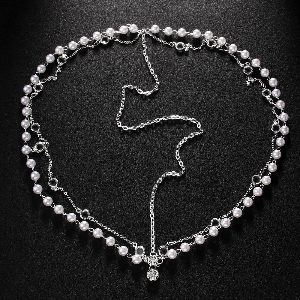 Amazon venta caliente cadena de cabello de perla boda temperamento multicapa jacquard frente cadena de cabello