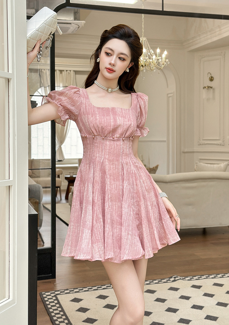 Váy chữ A tay phồng phong cách Pháp thắt eo mùa hè — hồng chi tiết 6
