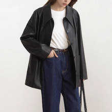 美式复古廓形尖领PU皮衣女秋季新款单排扣宽松时尚炸街机车外套潮