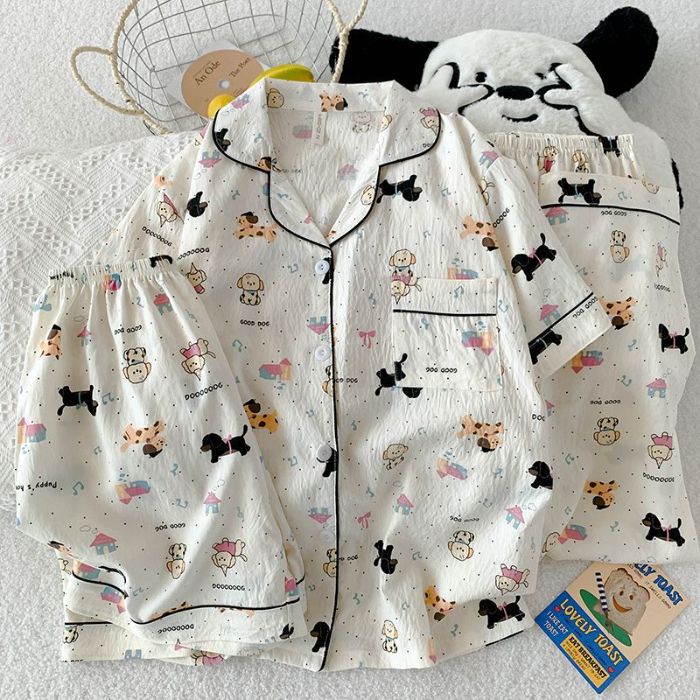 Verano transfronterizo nuevo estilo cómodo nube de algodón de tres piezas solapa pantalones cortos de manga corta pantalones ropa a domicilio traje de pijama de mujer