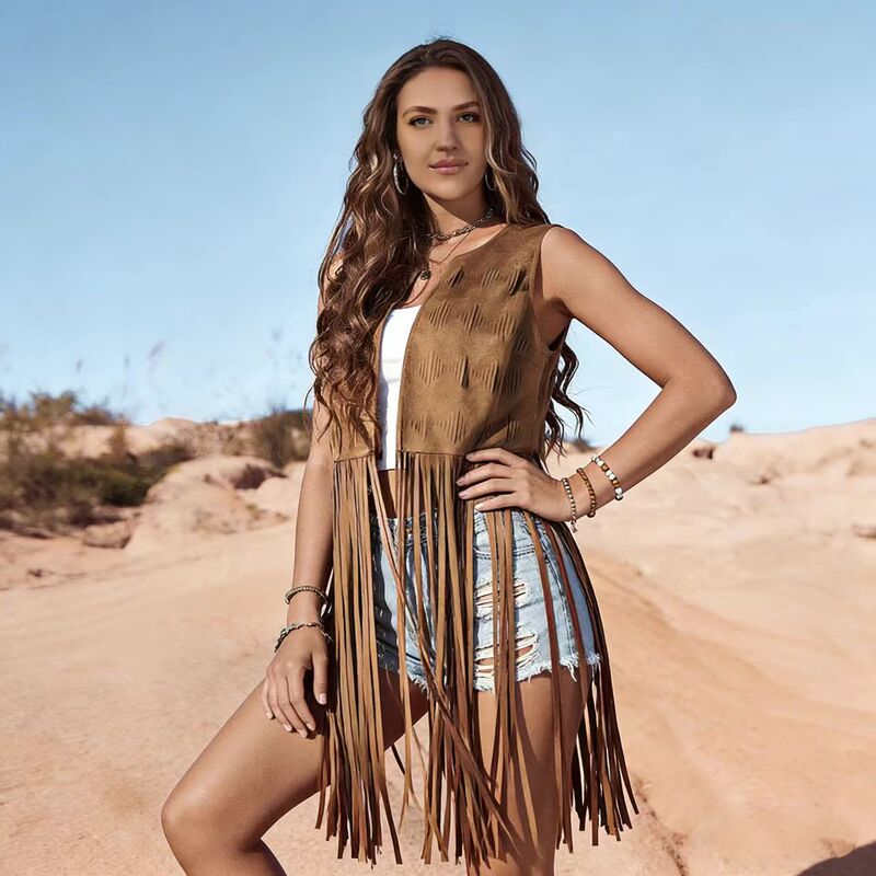 2026 Cross-Border Amazon European and American Style Tassel Vest Women's Western Hippie Faux Suede Sleeveless Jacket Cardigan