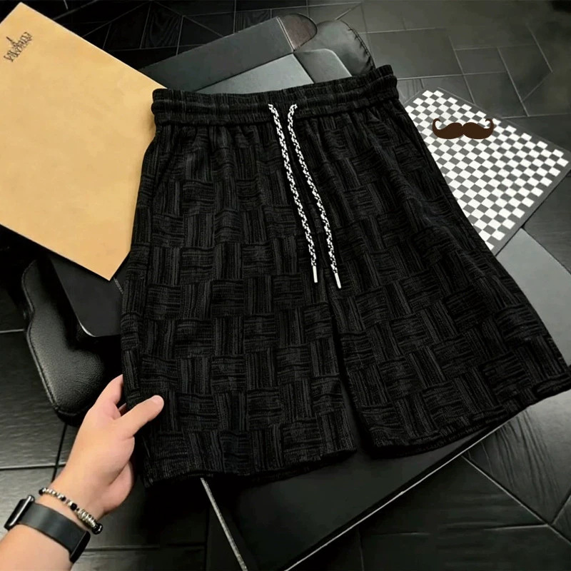 Black Tie-Dye Dark Pattern Plaid Shorts for Men, Summer Loose Wide-Leg Five-Point Pants with Drawstring, Suitable for Outdoor Wear and Beach