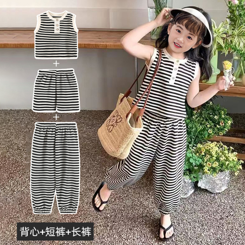 新款无袖条纹女童套装夏季时尚洋气背心T恤韩范儿童三件套