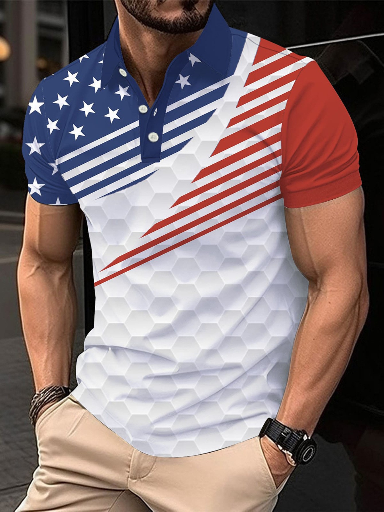 Polo de hombre con estampado 3D para comercio transfronterizo 2025, camiseta polo sin mangas informal con patrón para hombre, estilo D de seda helada.
