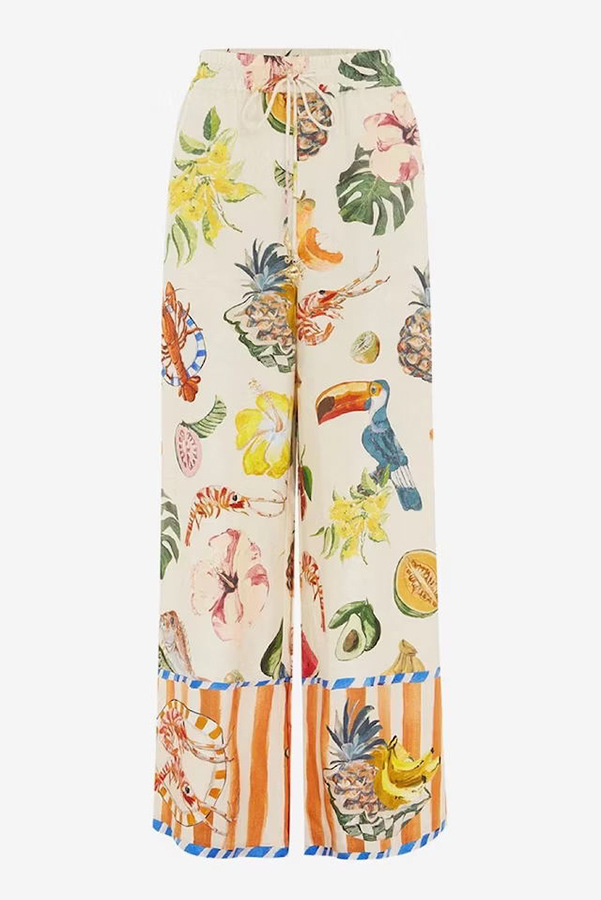 Vacation Style Holiday Women's Vacation Fruit Shrimp Cotton And Linen Printing Pant Co-ord Set Pants Sets