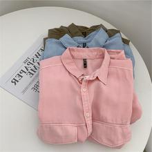 天丝牛仔衬衫女欧美风春夏复古帅气水洗宽松中长款军绿色学生上衣