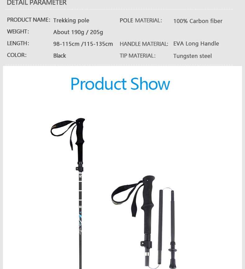 Bâton de trekking télescopique et pliable en 5 sections, en fibre de carbone 3K à tissage uni, pliable, antidérapant et portable._voghion.com
