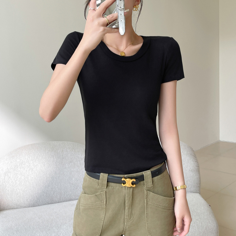 Modal Threaded Round Neck Shoulder Short-Sleeved T-Shirt Women's Spring and Summer Outer-Wearing Slim-Fit Hot Girls Base Shirt Top