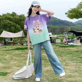 棉质短袖T恤女童夏装衣服撞色扎染上衣新款中大童时髦儿童半袖潮T