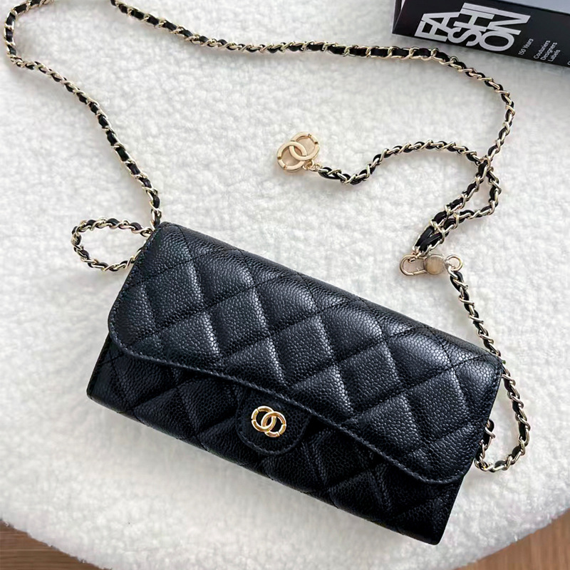 First-Layer Cowhide Caviar Leather Women's Long Wallet, Large Capacity for Mobile Phone, Clutch Bag, Quilted Chain Crossbody Small Bag