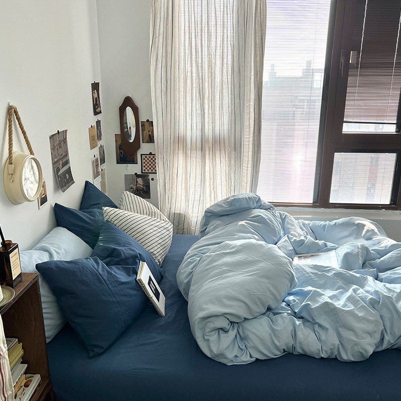 Class A Simple Solid Color Washed Cotton Four-Piece Single/Double Student Dormitory Quilt Cover Bed Sheet Three-Piece_voghion.com