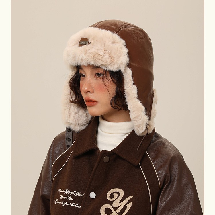 Vintage Leather Aviator Hat 2024 Autumn and Winter Men's and Women's Warm Lei Feng Hat fleece-lined Ear Protection Riding Bike Hat