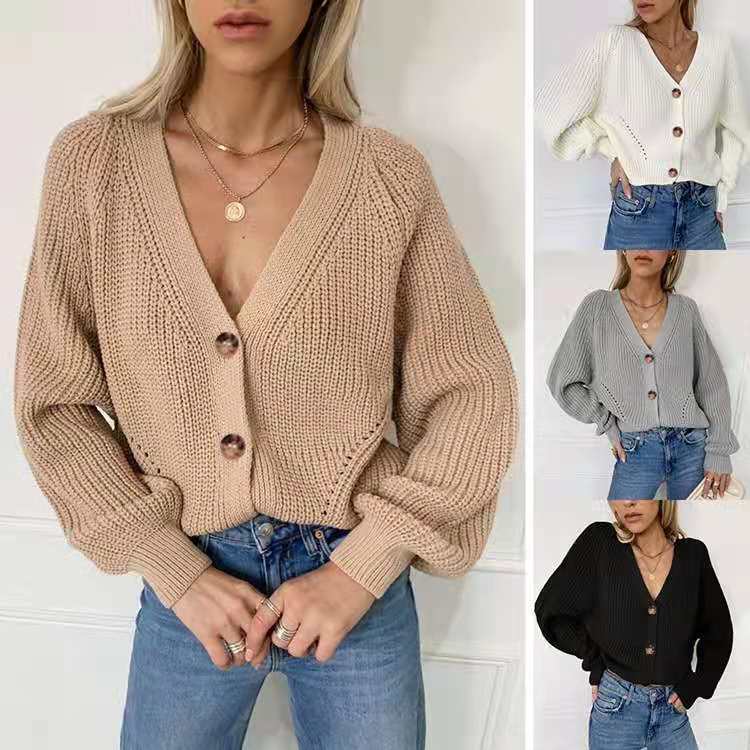 Suéter de moda europeo y americano para mujer, otoño e invierno, color liso, cuello en V profundo, mangas abullonadas, cárdigan de punto suelto con botones, elegante y adecuado para ir al trabajo.