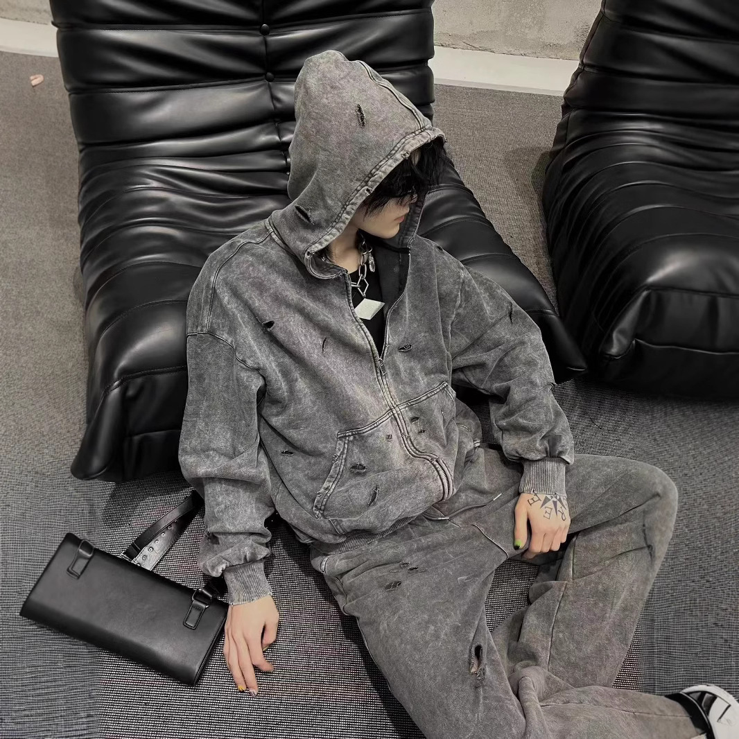 Amazon nuevo agujero sudadera con capuz hombre lavado con agua pesado suelto versátil pareja retro la misma camisa de moda