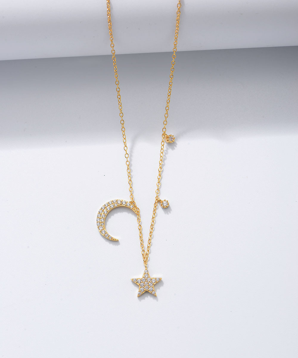 Ins Style Korean Style Star Moon Sterling Silver Inlay Zircon Pendant Necklace display picture 3