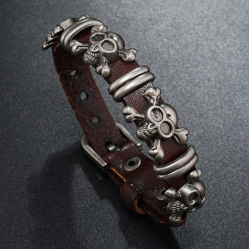 Skull Leather Bracelet Adjustable Retro Halloween Wristband_voghion.com