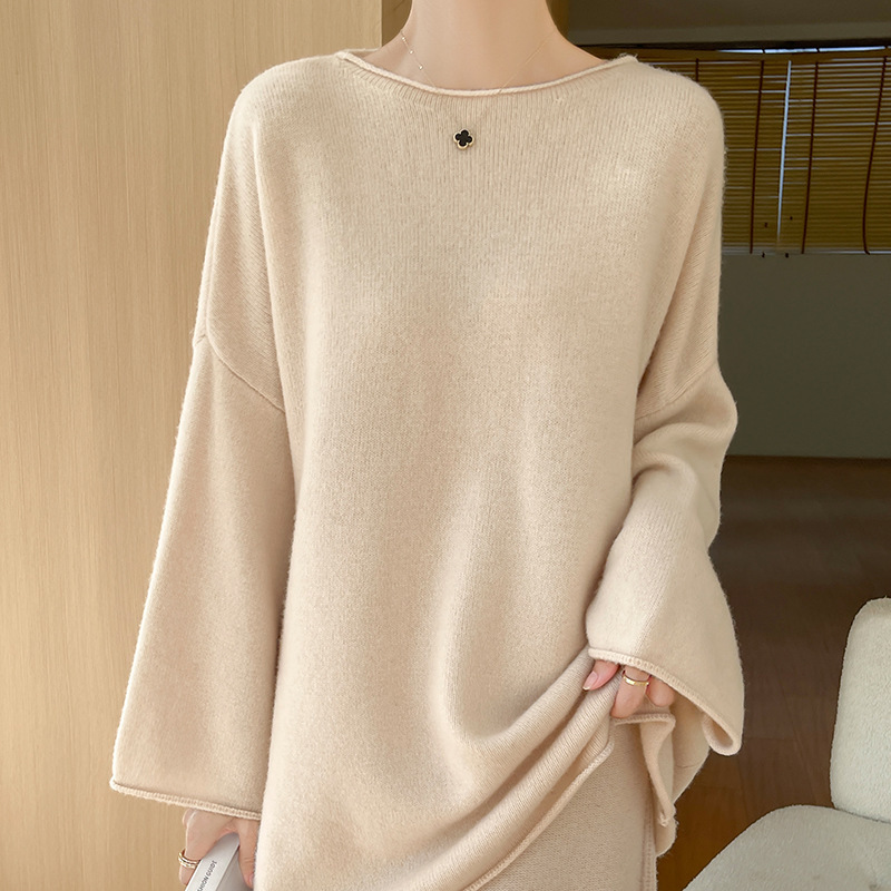 Dropshipping 100 Pure Wool Curled One-Line Collar Large Size Women's Outer Top 25 Autumn and Winter New Knitwear