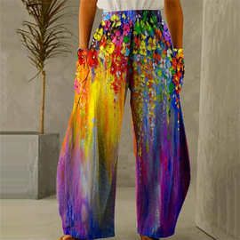 2022亚马逊夏季3D花卉印花超大街头装复古高腰哈伦裤女孩沙滩装